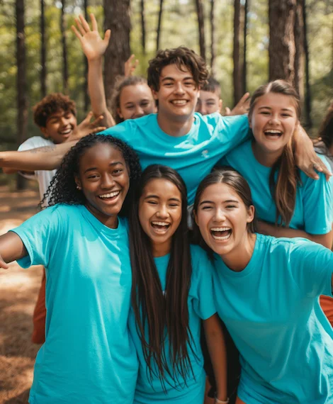 un groupe de jeunes en T shirt bleu durant une sortie de camp d'été