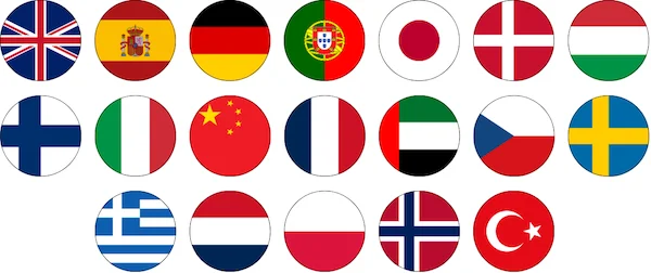 Drapeaux des langues proposées dans les séjours linguistiques à l'étranger de My Language Trip - Langues : Allemand, Anglais, Arabe, Chinois, Danois, Espagnol, Finnois, Français, Grec, Hongrois, Italien, Japonais, Norvégien, Néerlandais, Polonais, Portugais, Suédois, Tchèque, Turc.
